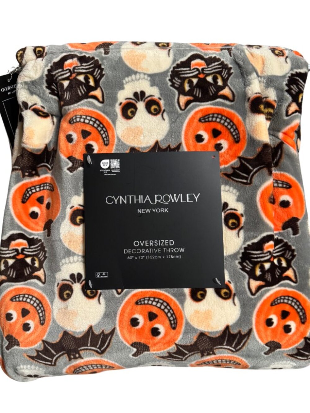 Cynthia Rowley Halloween Blanket Vintage Pumpkin Skull Black Cat Throw 60x70 NWT